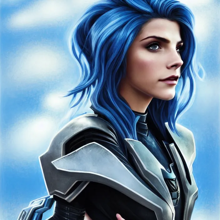 Image similar to portrait of a combination of Ashley Greene, Katheryn Winnick, Victoria Justice, Adriana Dxim, Grace Kelly and Emma Watson with blue hair wearing Interceptor's armor from Anthem, countryside, calm, fantasy character portrait, dynamic pose, above view, sunny day, thunder clouds in the sky, artwork by Jeremy Lipkin and Giuseppe Dangelico Pino and Michael Garmash and Rob Rey and Greg Manchess and Huang Guangjian, very coherent asymmetrical artwork, sharp edges, perfect face, simple form, 100mm