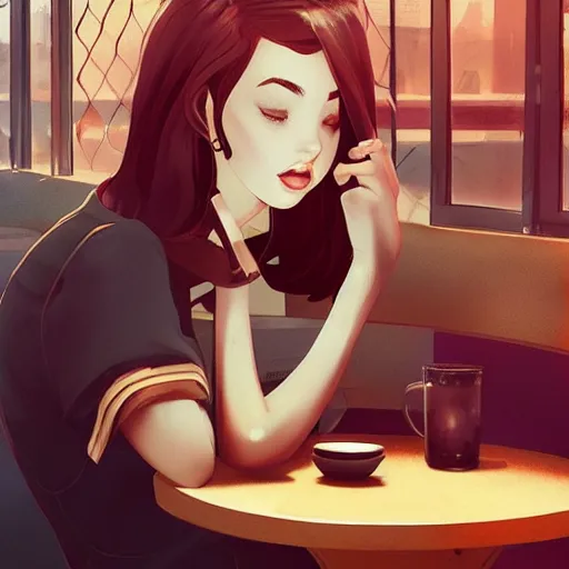 Prompt: lofi girl in the cafe, stylized, artgerm, artstation, hd, cgsociety, cgi, realistic, dramatic, cinematic, artistic, trending, detailed