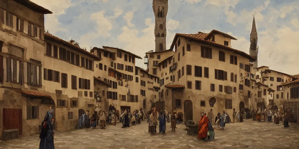 Image similar to florence old street in 1 6 th century with a tower in background, by hiroshi yoshida, trending on artstation