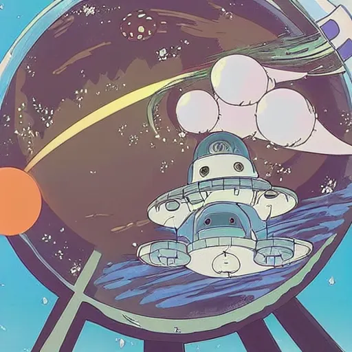 Prompt: Spirited away in space next to planet Saturn, anime, japan, studio Ghibli