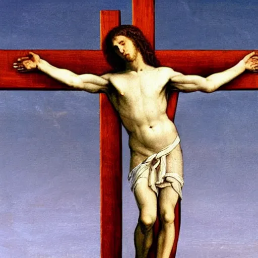 Image similar to Mark zuckerberg on the cross, painting by Leonardo da Vinci