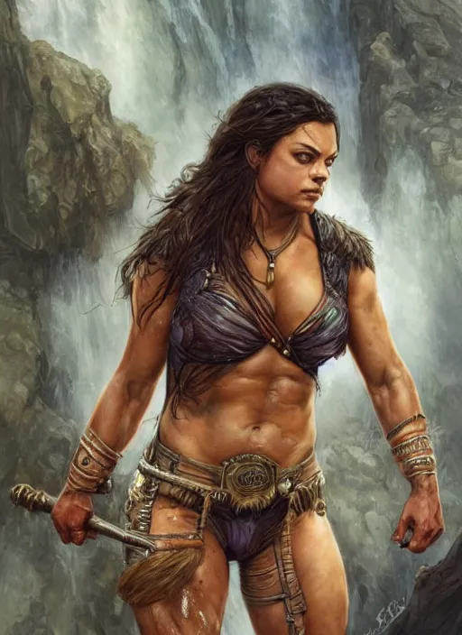 Image similar to exhausted Mila Kunis as a very muscled rugged looking Amazon, dirty, sweating, intricate, elegant, highly detailed, artstation, concept art, sharp focus, art by artgerm and donato giancola and Joseph Christian Leyendecker, WLOP