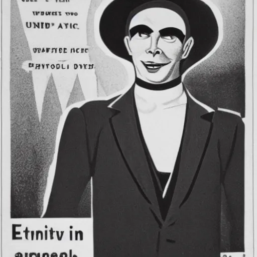 Image similar to Extremely pale human, flat preacher hat, unshaven, sly smile, evil aura, black and white poster art, cca 1930