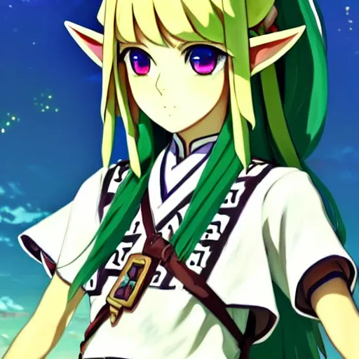 Image similar to a beautiful! young feminine link from botw, wearing japanese catholic school girl outfit with mayan pattern and native style, aztec street fashion, guilty gear art direction, perfect anime face, gapmoe yandere grimdark, trending on pixiv fanbox, painted by greg rutkowski makoto shinkai takashi takeuchi studio ghibli, akihiko yoshida