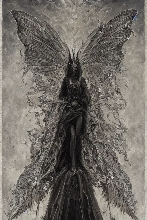 Image similar to portrait of an ominous looming moth angel at a dark shrine, oil on canvas, experimental gothic style, ornate, elegant, detailed, prominent intricate wings, concept art, trending on artstation, javascript enabled