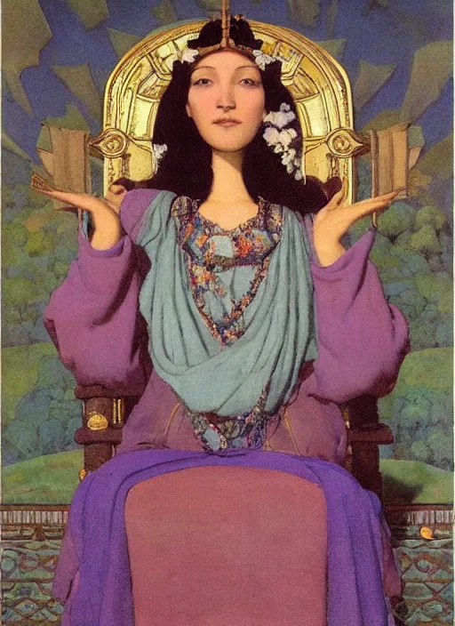 Image similar to an oil painting a queen with dark hair and white fair skin standing on a throne by maxfield parrish, by nicholas roerich, highly detailed, realistic, realism, oil painting, 1 9 th