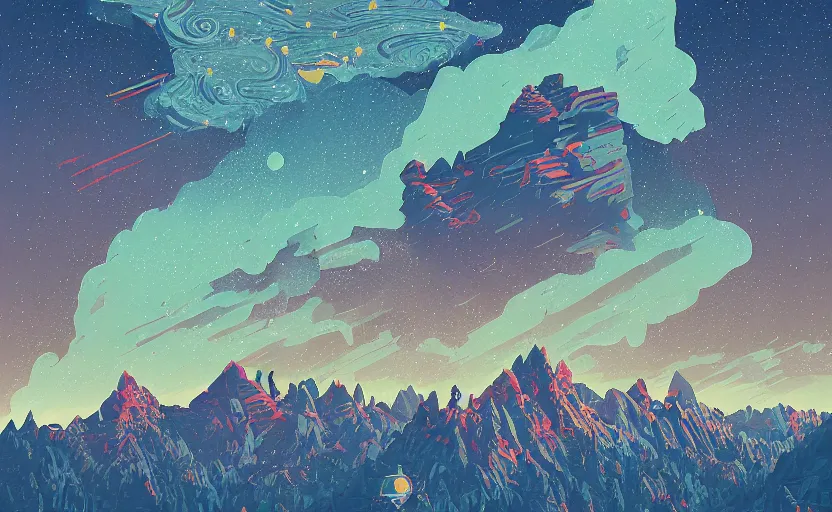 Prompt: mountains, stars and paisley filled sky, artstation, intricate, highly detailed, digital painting, concept art, sharp focus, illustration by Simon Stalenhag and Kilian Eng