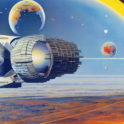 Image similar to Earth Orbit, A Distant Tomorrow by Robert McCall, 1971