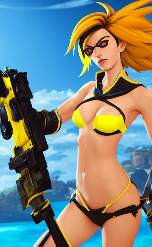 prompthunt: tracer game character, in yellow bikini thong yellow