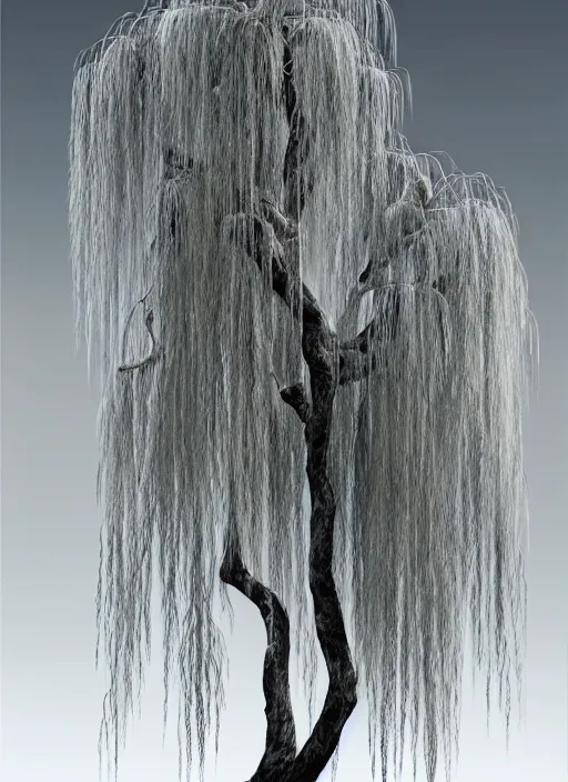 Image similar to weeping willow with black bark and silver leaves by stefan kostic, realistic, sharp focus, 8 k high definition, insanely detailed, intricate, elegant, art by stanley lau and artgerm, luis royo, foggy black background, fantasy