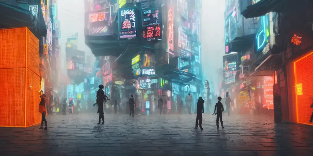 Prompt: two passive guards near the entrance of a big colorful shop in the crowd of a cyberpunk dystopian city at day in an intense orange fog at a distance