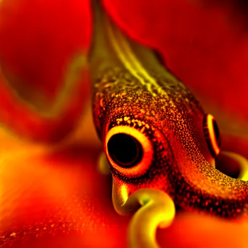 Image similar to fiery whimsical emotional eyes cephalopod, in a photorealistic macro photograph with shallow dof