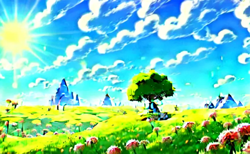 Image similar to fantastic anime sunny meadow with flowers, lone old Oak in the middle plane and mountains on the background, by Hayao Miyazaki, Nausicaa, Ghibli, Breath of the wild, Anime wallpaper