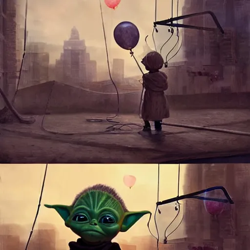 Image similar to masterful digital art, eye - level view, medium - shot, baby yoda is at the busy school playground in a cyberpunk city. baby yoda smiles and plays on a swing set. golden hour. realism, detailed, depth, chiaroscuro, limited color palette. in the background some balloons float in the sky. mandalorian ( tv ).