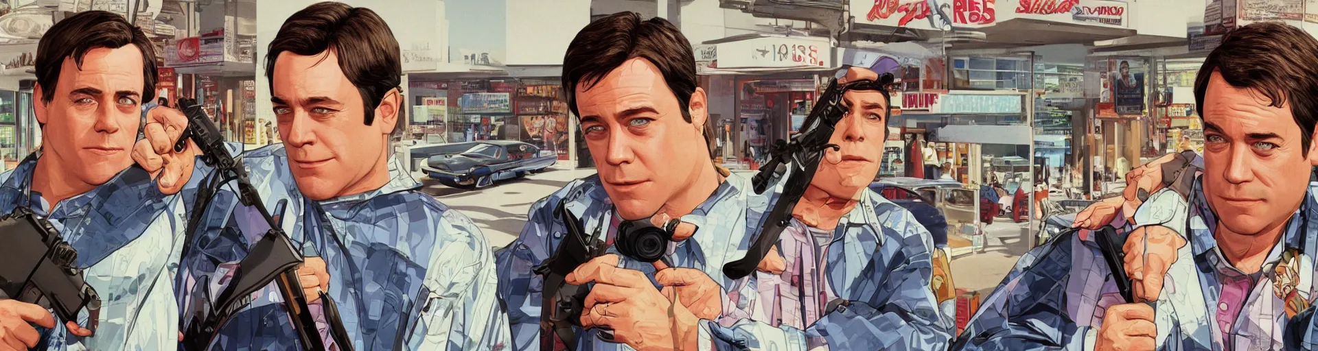 Prompt: GTA V illustration of 1980s Matthew Broderick on the cover of GTA V, outside of a 1980’s shopping mall