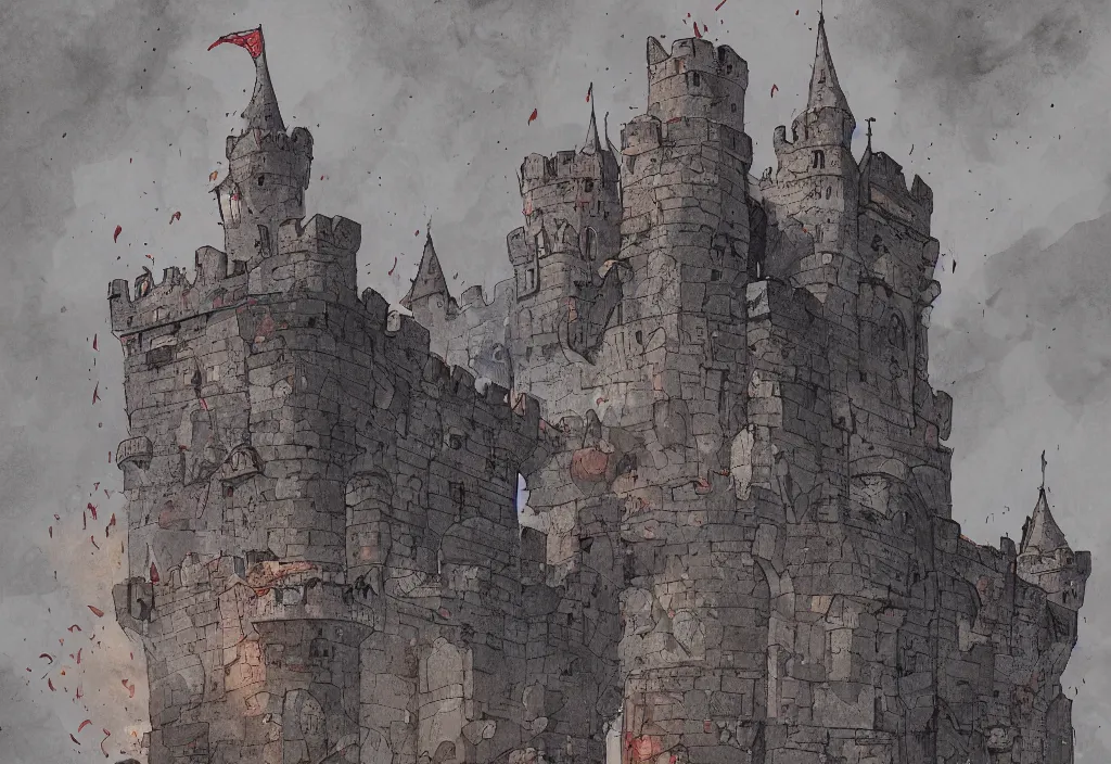 Image similar to handmade illustration of sieged small medieval castle, line art, ink, heavy brushstrokes, smoke and fire here and there, watercolor by Kilian Eng and by Jake Parker, winning-award masterpiece, fantastic, octane render, 8K HD Resolution, High quality image