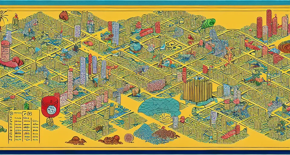 Image similar to isometric miniature map dashboard with time series charts, pie plots and other modern graphics, with small creatures on it. monografia by diego rivera and geof darrow