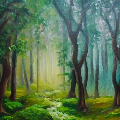 Image similar to oil painting of a magic forest