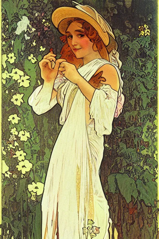 Prompt: a portrait of a shrek in a summer dress by Alphonse Mucha