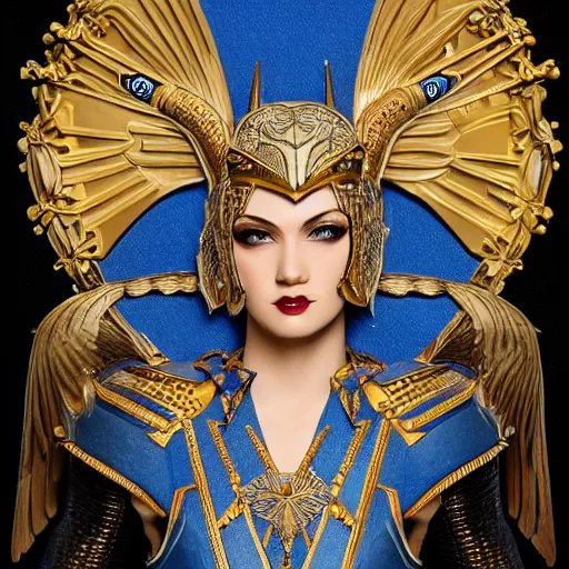 Image similar to art deco portrait valkyrie, blue and gold ornate armor, highly detailed, intricate detail, art station,