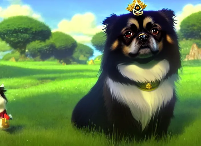 Image similar to a wholesome animation key shot of a black tibetan spaniel, wearing a crown, green field, studio ghibli, pixar and disney animation, sharp, rendered in unreal engine 5, anime key art by greg rutkowski, bloom, dramatic lighting