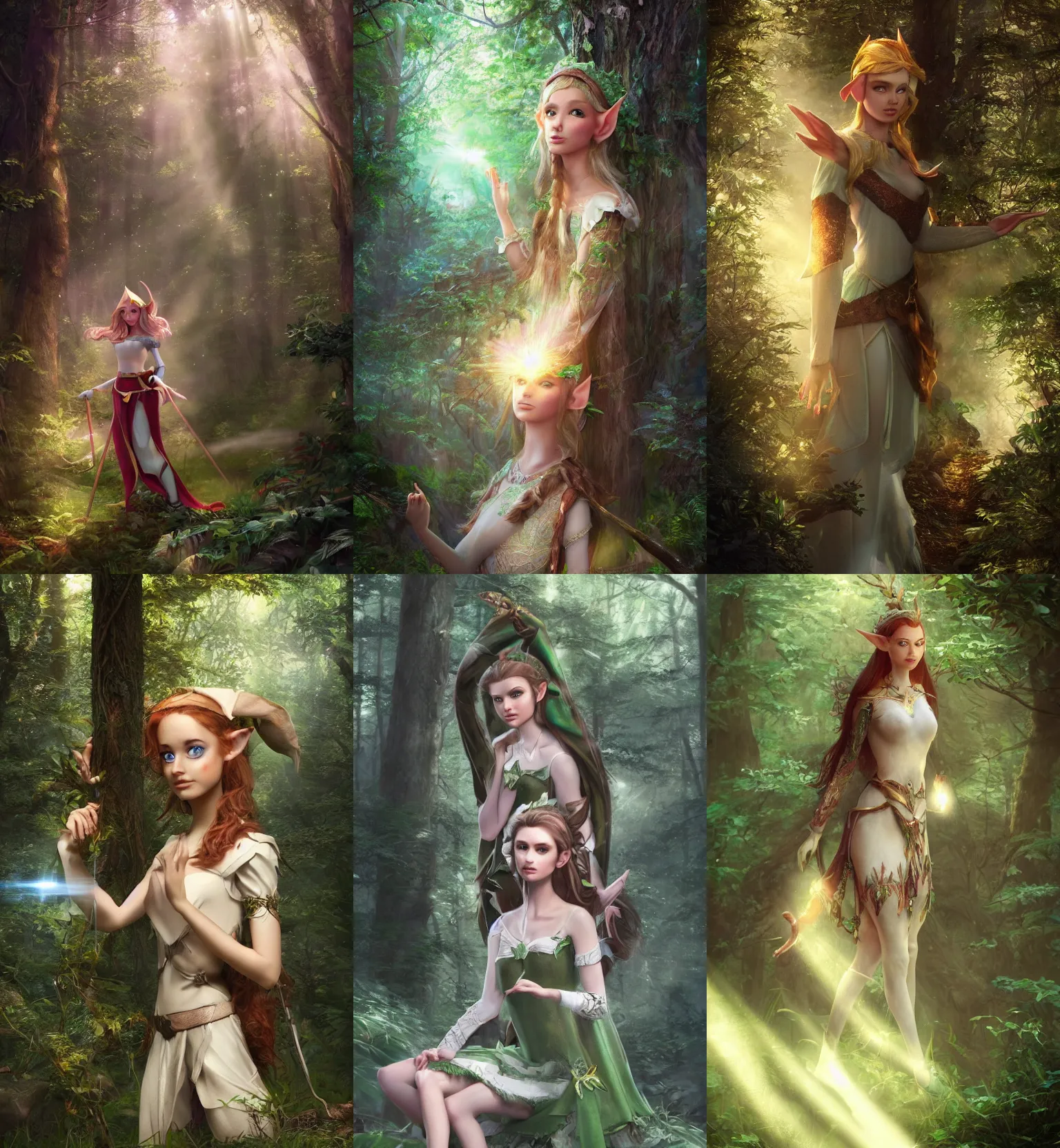 Prompt: a beautiful elf princes in an enchanted forest, light rays sieving through the trees, hyperrealistic, trending on Artstation