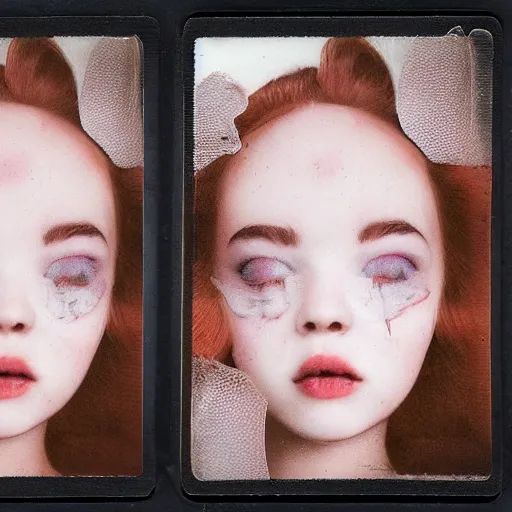 Image similar to a porcelain portrait of a girl is melting like an ice cream, realistic detailed photography polaroid