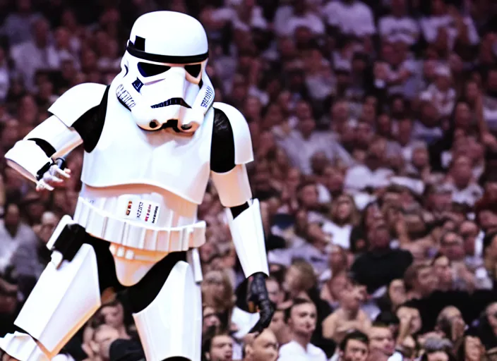 Image similar to ESPN still of Storm trooper playing in the nba playoffs live on espn, 4k