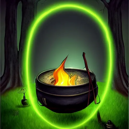 Image similar to a cauldron filled with a magical green glowing potion hanging above a campfire, night, fantasy, digital art, mysterious