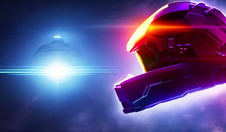 Image similar to cyberpunk halo helmet floating in space with reflections, epic, dramatic, photorealistic, award winning, 8k,