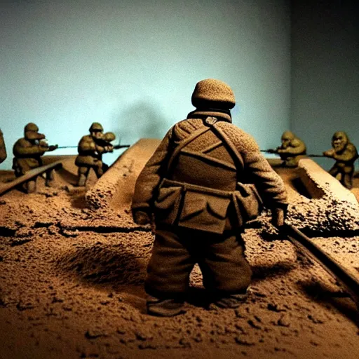 Image similar to war in the trenches claymation by jan svankmejer, hyperrealistic, aesthetic, masterpiece