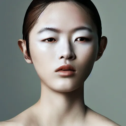 Image similar to a muted colors natural make-up portrait Photograph of a Japanese model, editorial story, Vogue France, editorial photographer by Peter Gehrke