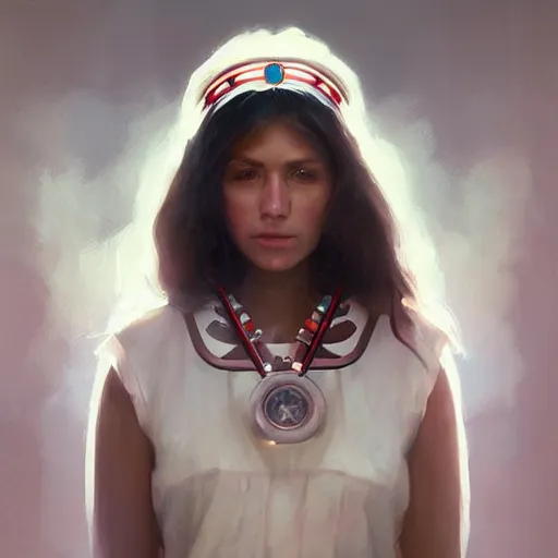 Image similar to Portrait of a Modern Native American Goddess as a nurse, white lighting, digital art by Ruan Jia and Mandy Jurgens and Artgerm, highly detailed, trending on artstation, award winning,