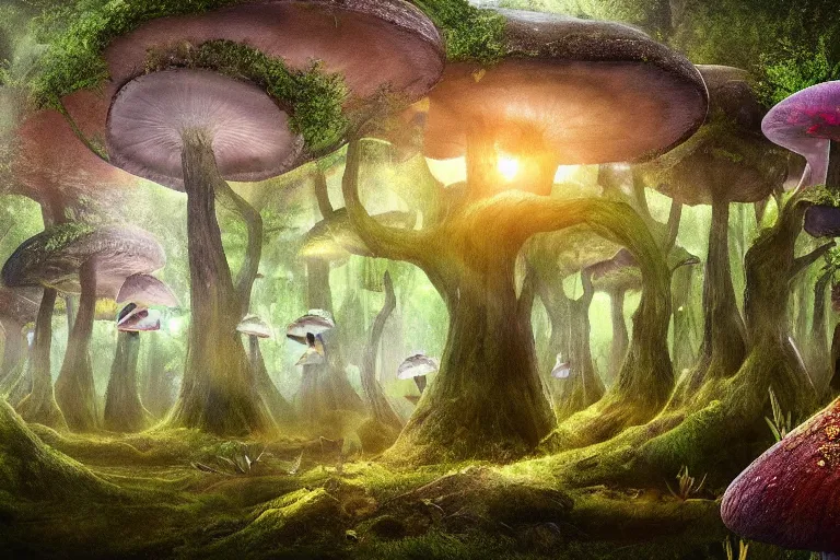 Image similar to a photo of the most beautiful gem in the world hovering in a mystical huge mushroom forest, dreamy