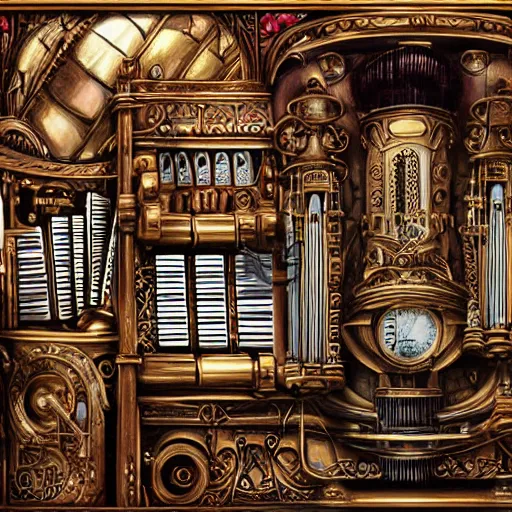 Prompt: steampunk pipe organ lp album art, intricate detail, mechanical, baroque oil painting