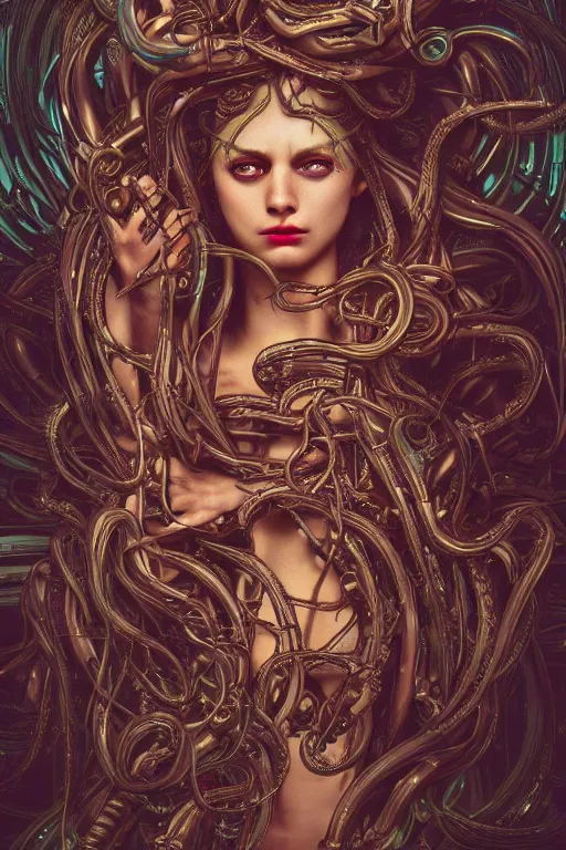 Image similar to Cyberpunk medusa, dark atmosphere, cinematic shot, intricate, ornate, photorealistic, ultra detailed, realistic, 35mm, photography, neon, octane, high definition, depth of field, bokeh, 8k, artstation, ((alphonse mucha))