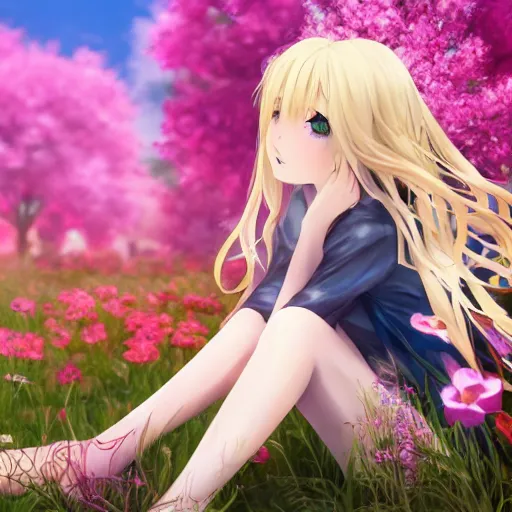 Prompt: beautiful anime transgender blonde girl sitting in a field full of flowers, highly detailed, realistic, dynamic lighting, cinematic, masterpiece, trending on artstation,-W 768