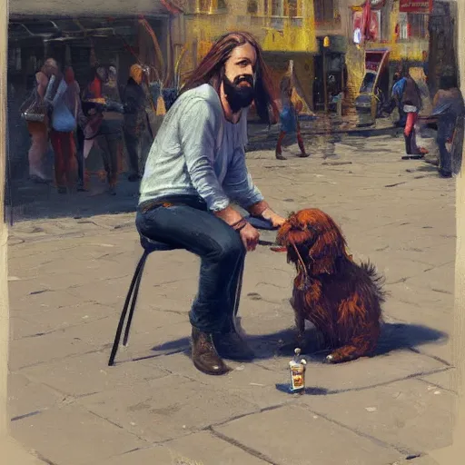 Prompt: oil painting of a man with long hair and a beard with his golden retrever dog playing guitar in the square for money people watching around, by greg rutkowski, artstation