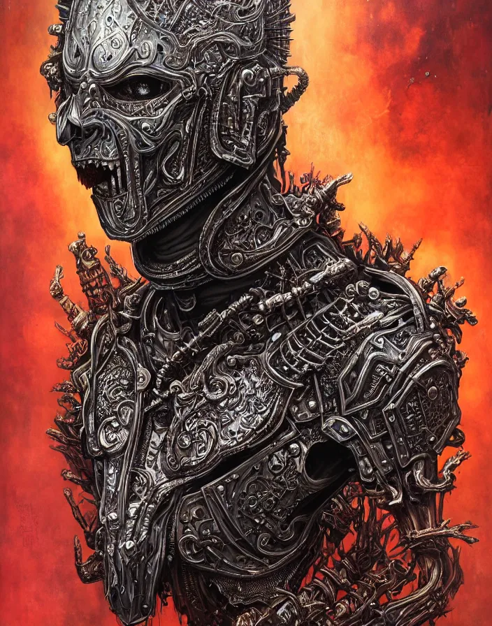 Image similar to art portrait of an undead kingof hell, intricate detailed armour ,8k,by tristan eaton,Stanley Artgermm,Tom Bagshaw,Greg Rutkowski,Carne Griffiths, Ayami Kojima, Beksinski, Giger,trending on DeviantArt,face enhance,hyper detailed,minimalist,cybernetic, android, blade runner,full of colour,