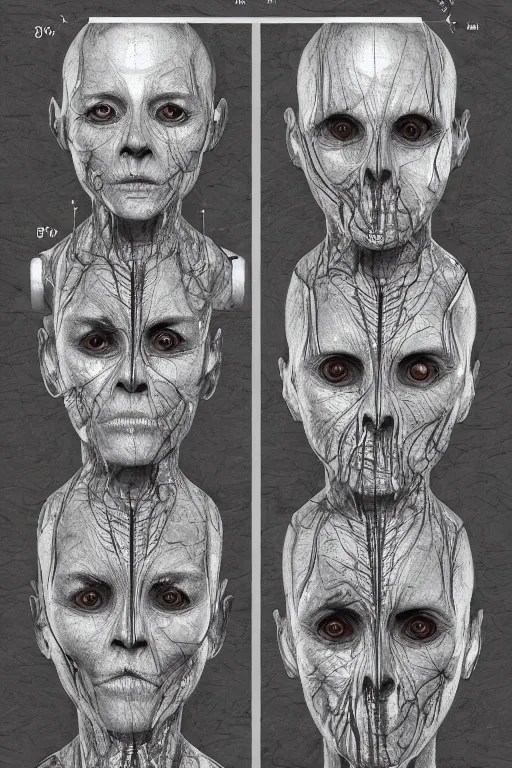 Prompt: facial anatomy with gunmetal grey skin, medical anatomy, very symmetrical face, highly detailed, three - perspective / three - view reference sheet ( front / back / side ), in the style of dan ouellette, steven jung, amanda lilleston, hr giger, sil from species, dren from splice, mecha, artstation, unreal engine