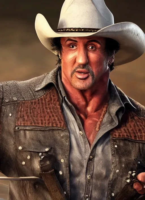 Image similar to an film still of sylvester stallone as cowboy with beard, western background, unreal engine. amazing likeness. very detailed.