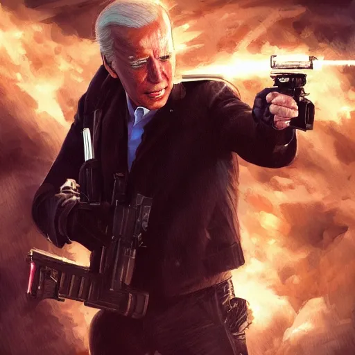 Prompt: joe biden as the terminator shooting Donald Trump with a shotgun, cinematic, establishing shot, extremly high detail, photorealistic, cinematic lighting, artstation, style by James Gurney