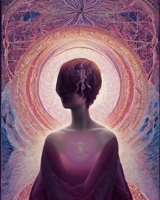 Prompt: seeking wisdom, silk, fractal crystal, serenity, scarf, ( byzantine mosaics art ) by ilya kuvshinov, tom bagshaw, james jean, victo ngai, ryohei hase, thomas kinkade, elegant