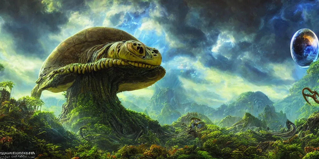 Prompt: fantasy oil painting, alien spacecraft, outer worlds, great leviathan, turtle cephalopod terrapin reptilian pachyderm amphibian hybrid, rainforest mountains, lush plants flowers, epic natural light, bright clouds, luminous sky, bright cinematic key lighting, michael cheval, michael whelan, vray, 8 k hd