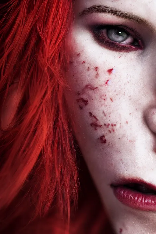 Image similar to extreme close up red haired vampire character portrait, beautiful face, cinematic lighting, hyper - detailed, cgsociety, 8 k, high resolution, in the style of charlie bowater, tom bagshaw, single face, symmetrical, headshot photograph, insanely detailed and intricate, cinematic, portrait, raphaelite, headroom, artstation, pierre - auguste renoir