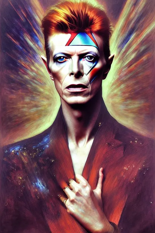 Image similar to David Bowie, fantasy, intricate, elegant, dramatic lighting, emotionally evoking symbolic metaphor, highly detailed, lifelike, photorealistic, digital painting, artstation, concept art, smooth, sharp focus, illustration, art by John Collier and Albert Aublet and Krenz Cushart and Artem Demura and Alphonse Mucha