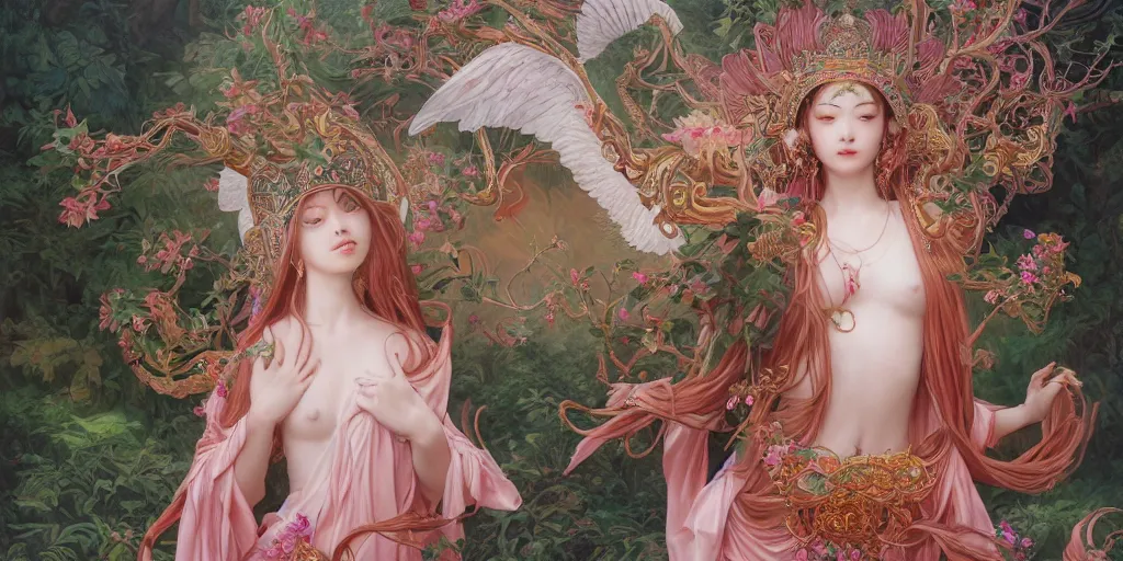 Image similar to breathtaking detailed concept art painting of the goddess of flamingo, orthodox saint, with anxious, piercing eyes, ornate background, epic composition, amalgamation of leaves and flowers, by Hsiao-Ron Cheng and John James Audubon and Miho Hirano, extremely moody lighting, 8K