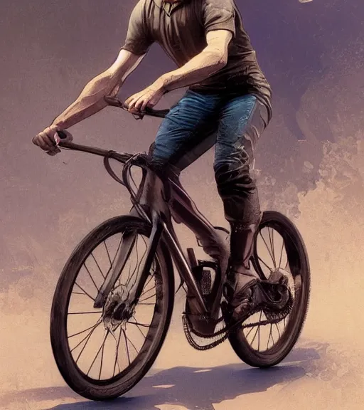 Prompt: Ben Shapiro riding a bike, sigma male, accurately portrayed, portrait art by alphonse mucha and greg rutkowski, highly detailed, digital painting, concept art, illustration, dim lighting with twilight rays of sunlight, trending on artstation, very detailed, smooth, sharp focus, octane render, close up