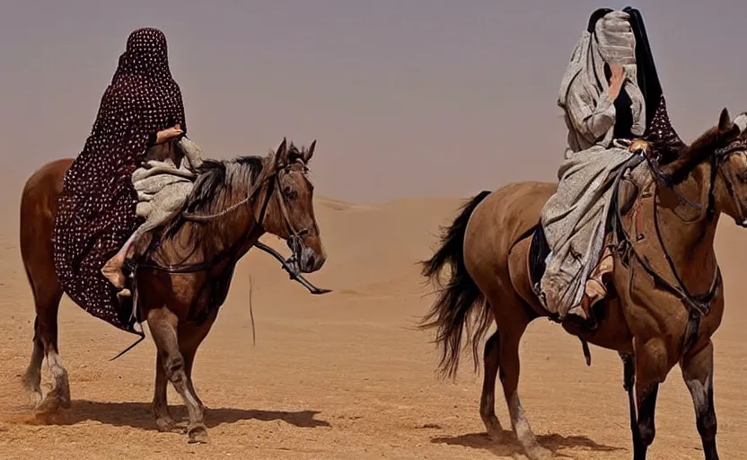 Prompt: beautiful burqa's woman, riding a horse!!! in saharan, sharp eyes, handling riffle on chest, shooting pose, perfect posture, dust, cinematic, dynamic pose, pinterest, center of interest, very perfect object, award winning photo by national geographic