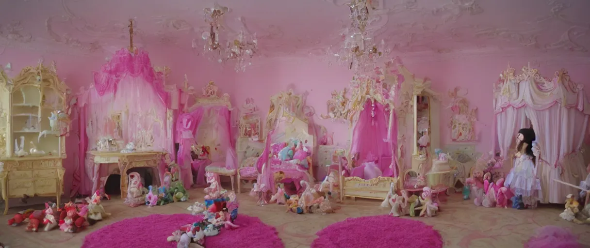 Prompt: movie still 4 k uhd 3 5 mm film color photograph of an princess room full of toys and dolls